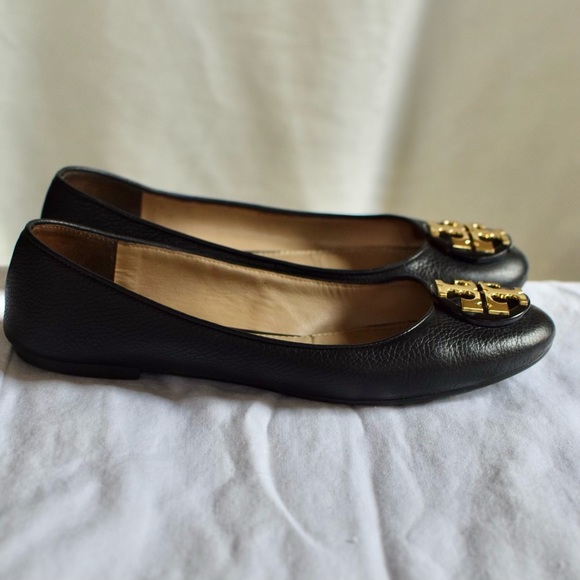 Tory Burch Chelsea Ballet Flat Tumbled Leather Perfect Black Gold - Picture 3 of 11